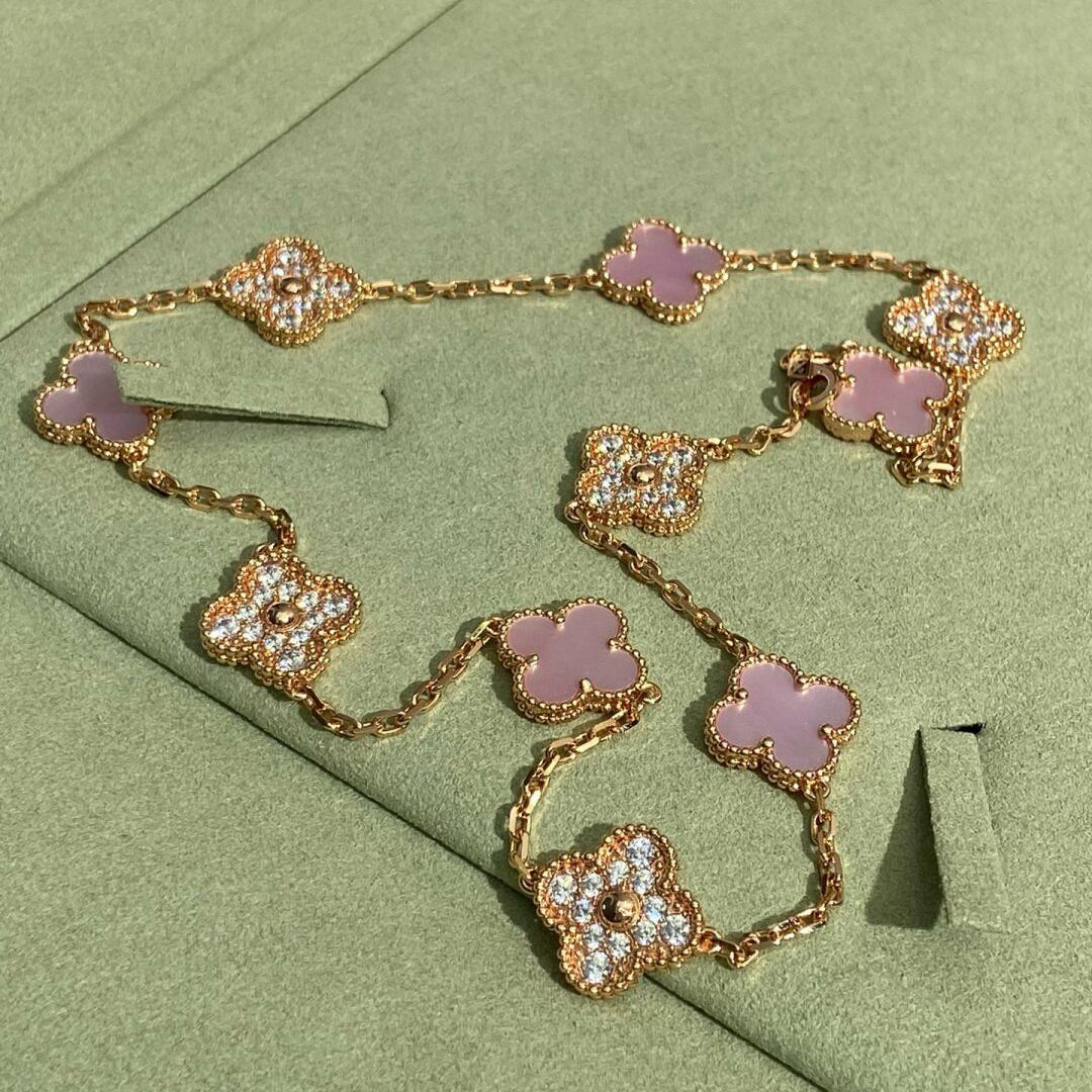 [Royal Fine ]CLOVER 10 MOTIFS DIAMOND PINK MOP NECKLACE