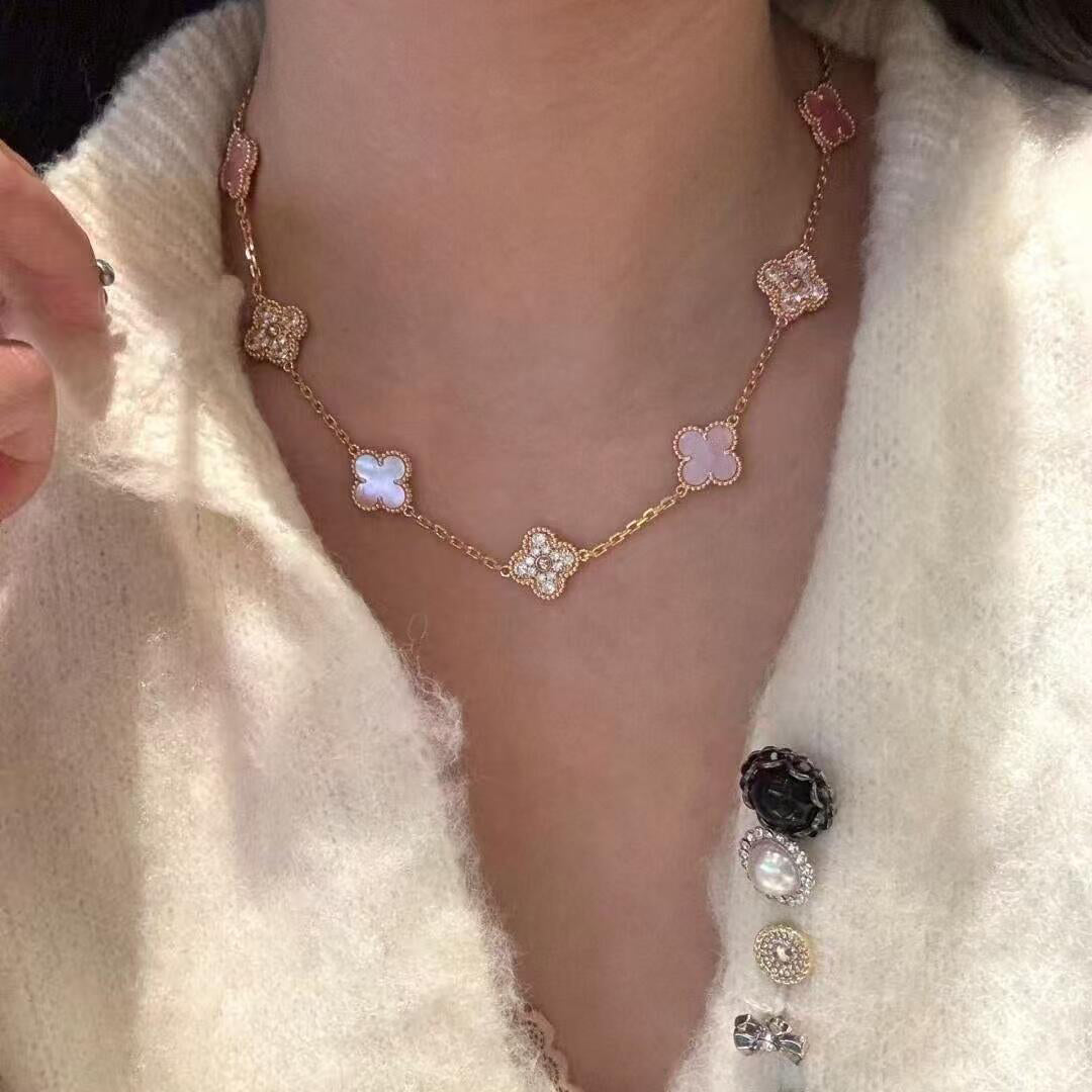 [Royal Fine ]CLOVER 10 MOTIFS DIAMOND PINK MOP NECKLACE
