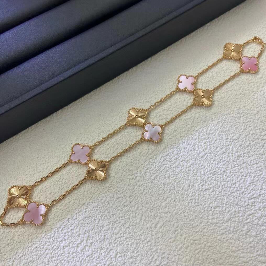 [Royal Fine ]CLOVER 10 MOTIFS  LASER PINK MOP NECKLACE