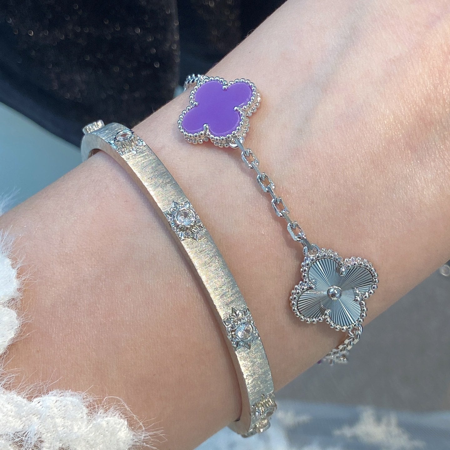 [Royal]CLOVER  5 MOTIFS  PURPLE VIOLET BRACELET SILVER