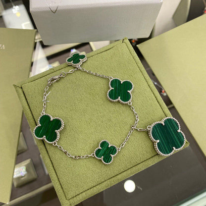 [Royal Fine ]CLOVER 5 MOTIFS SIVLER MALACHITE BRACELET