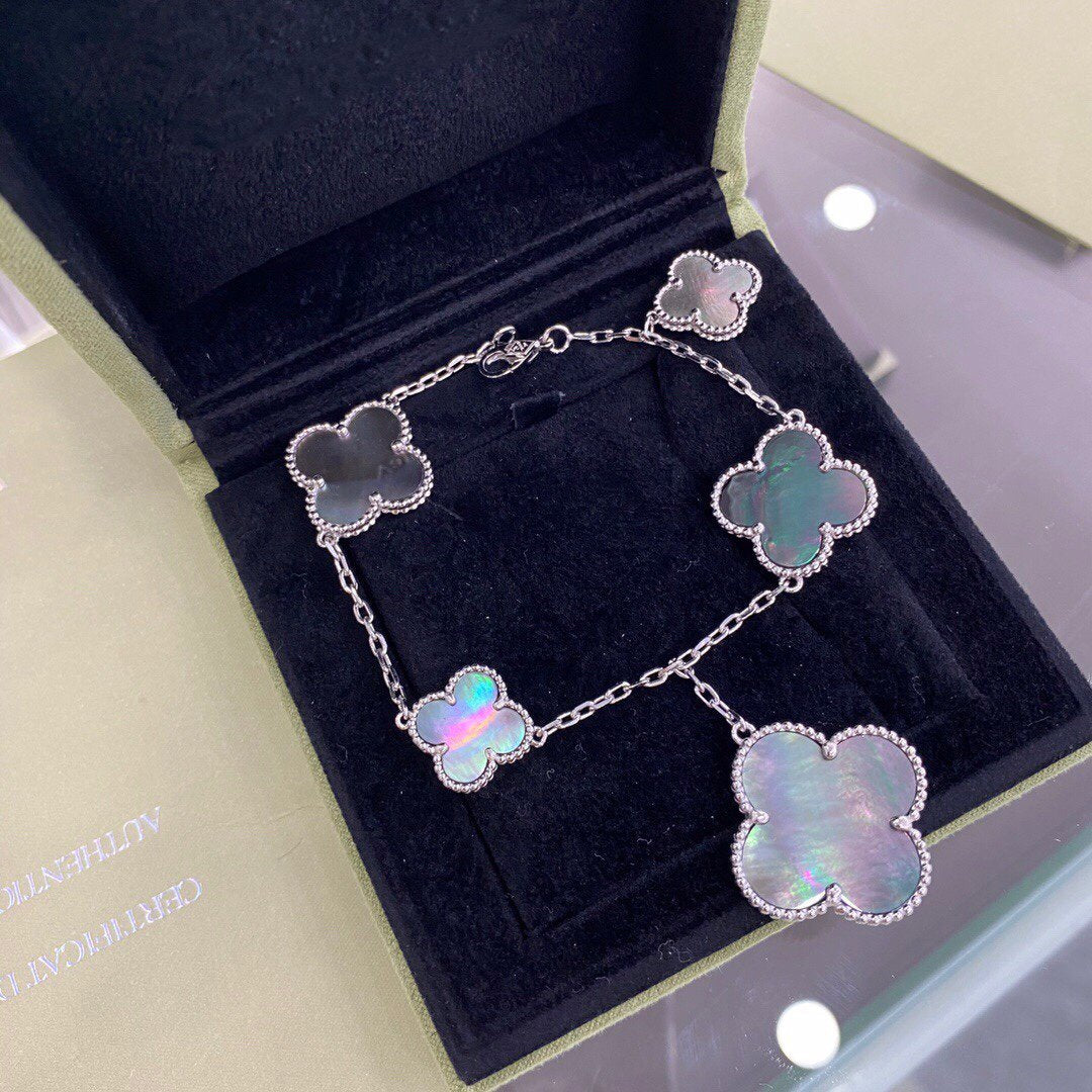 [Royal Fine ]CLOVER 5 MOTIFS SIVLER DARK MOP BRACELET