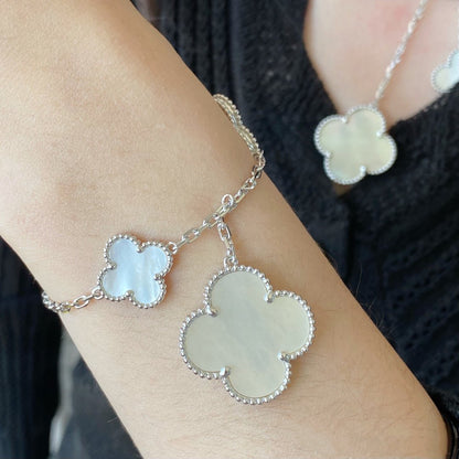 [Royal Fine ]CLOVER 5 MOTIF WHITE MOP SILVER BRACELET