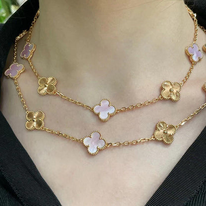 [Royal Fine ]CLOVER 20 MOTIFS LASER PINK MOP NECKLACE