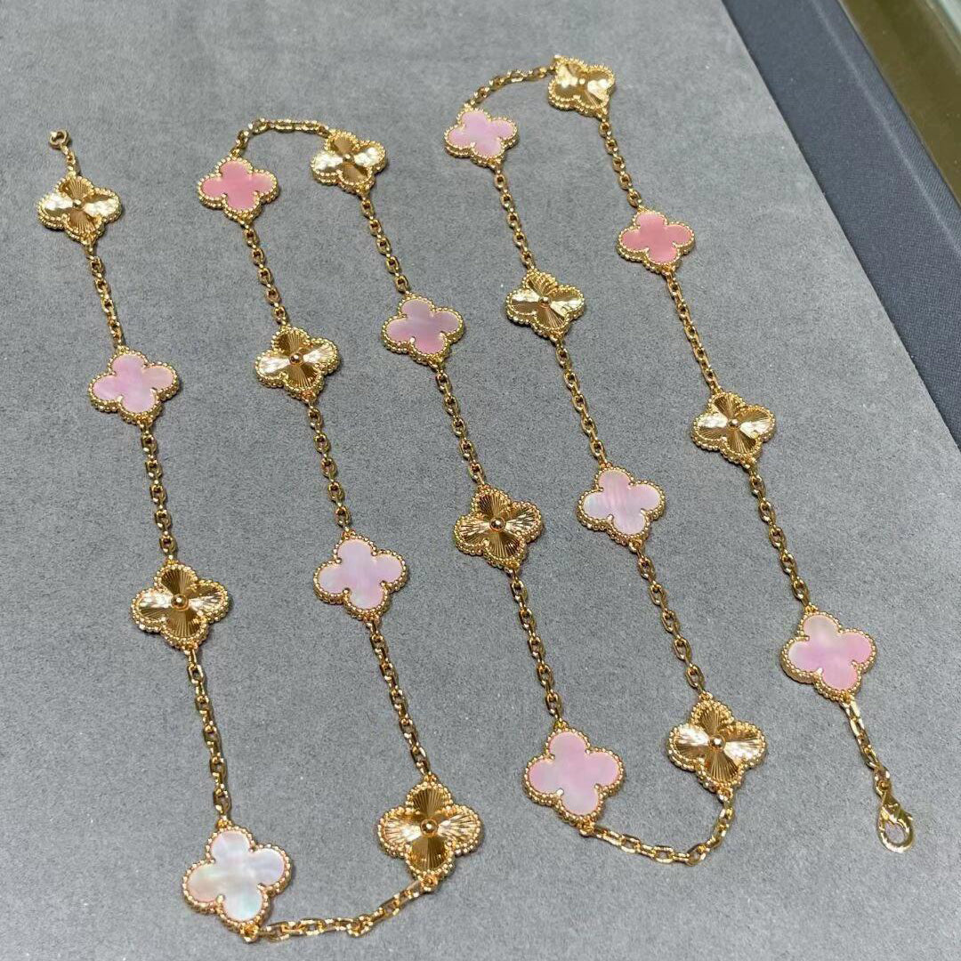 [Royal Fine ]CLOVER 20 MOTIFS LASER PINK MOP NECKLACE