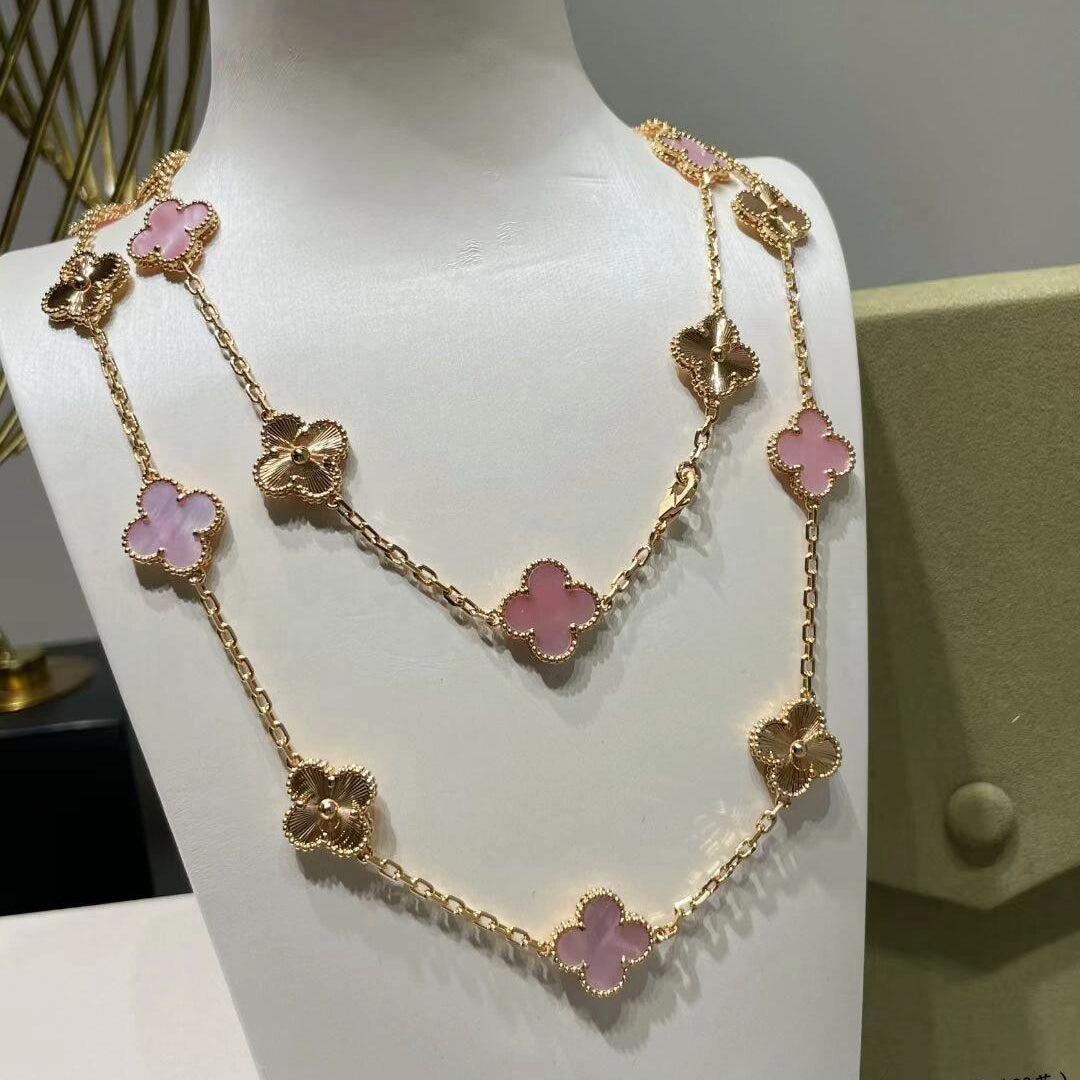 [Royal Fine ]CLOVER 20 MOTIFS LASER PINK MOP NECKLACE