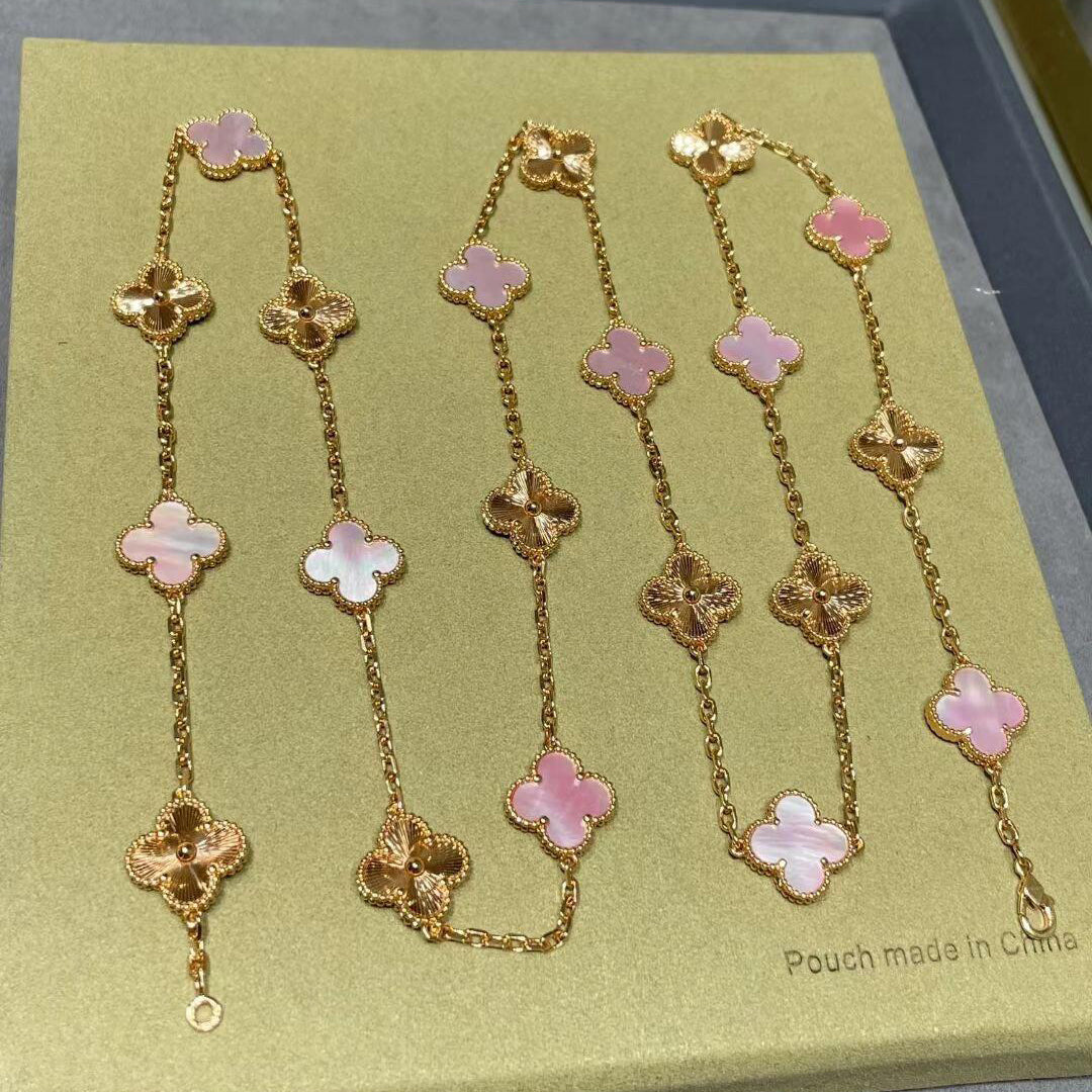 [Royal Fine ]CLOVER 20 MOTIFS LASER PINK MOP NECKLACE