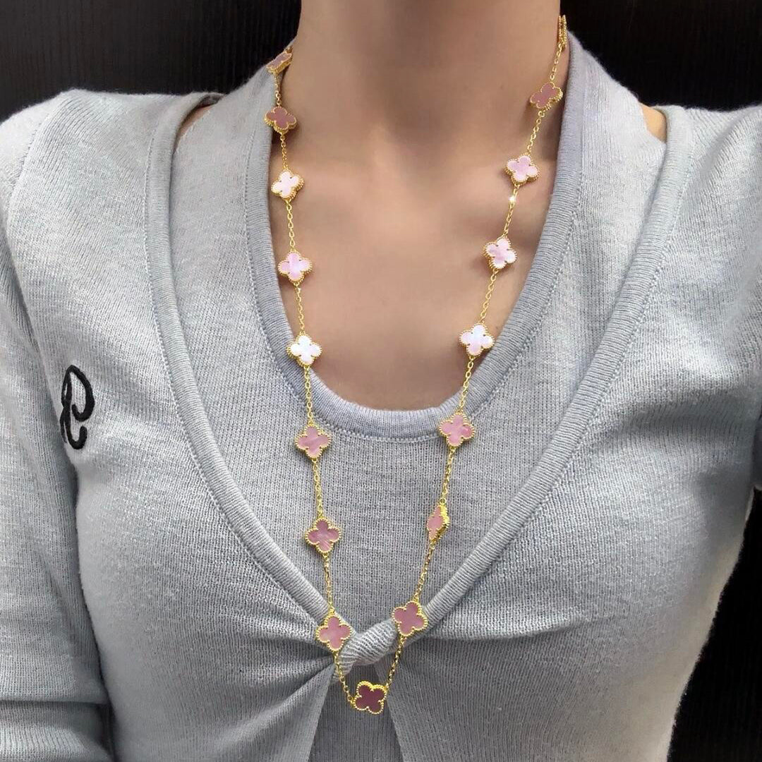 [Royal Fine ]CLOVER 20 MOTIFS PINK MOP NECKLACE