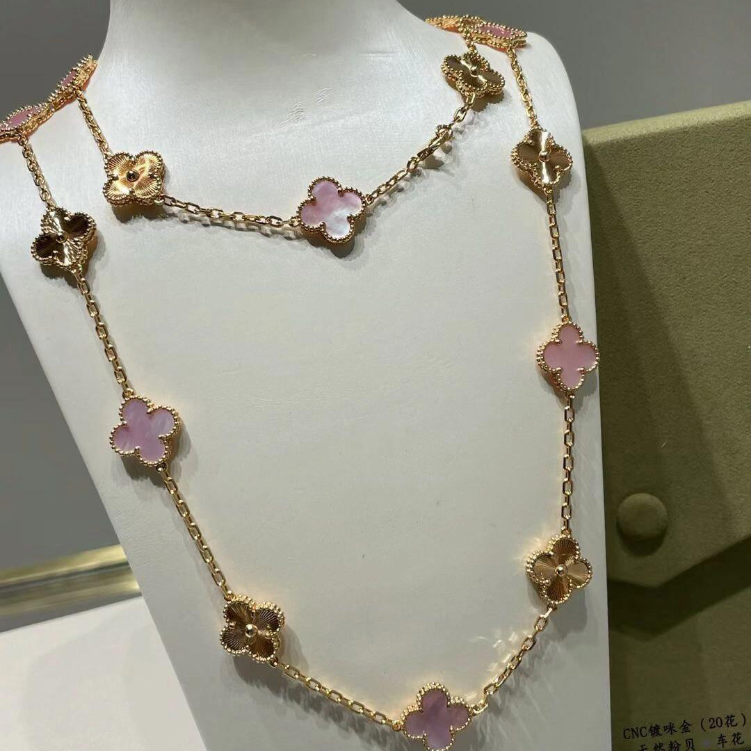 [Royal Fine ]CLOVER 20 MOTIFS LASER PINK MOP NECKLACE