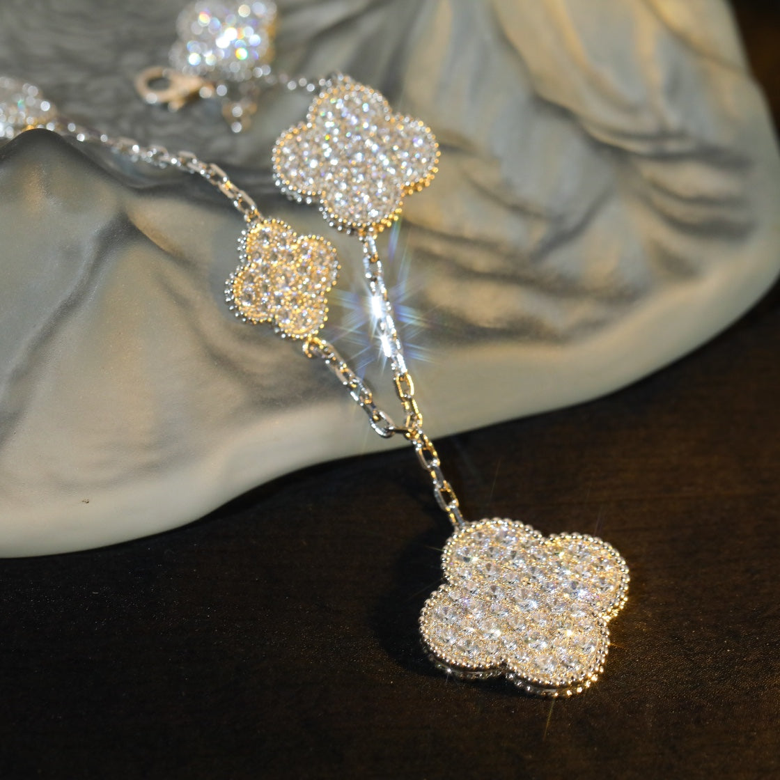 [Royal]CLOVER BRACELET 5 MOTIF SILVER DIAMOND PAVED