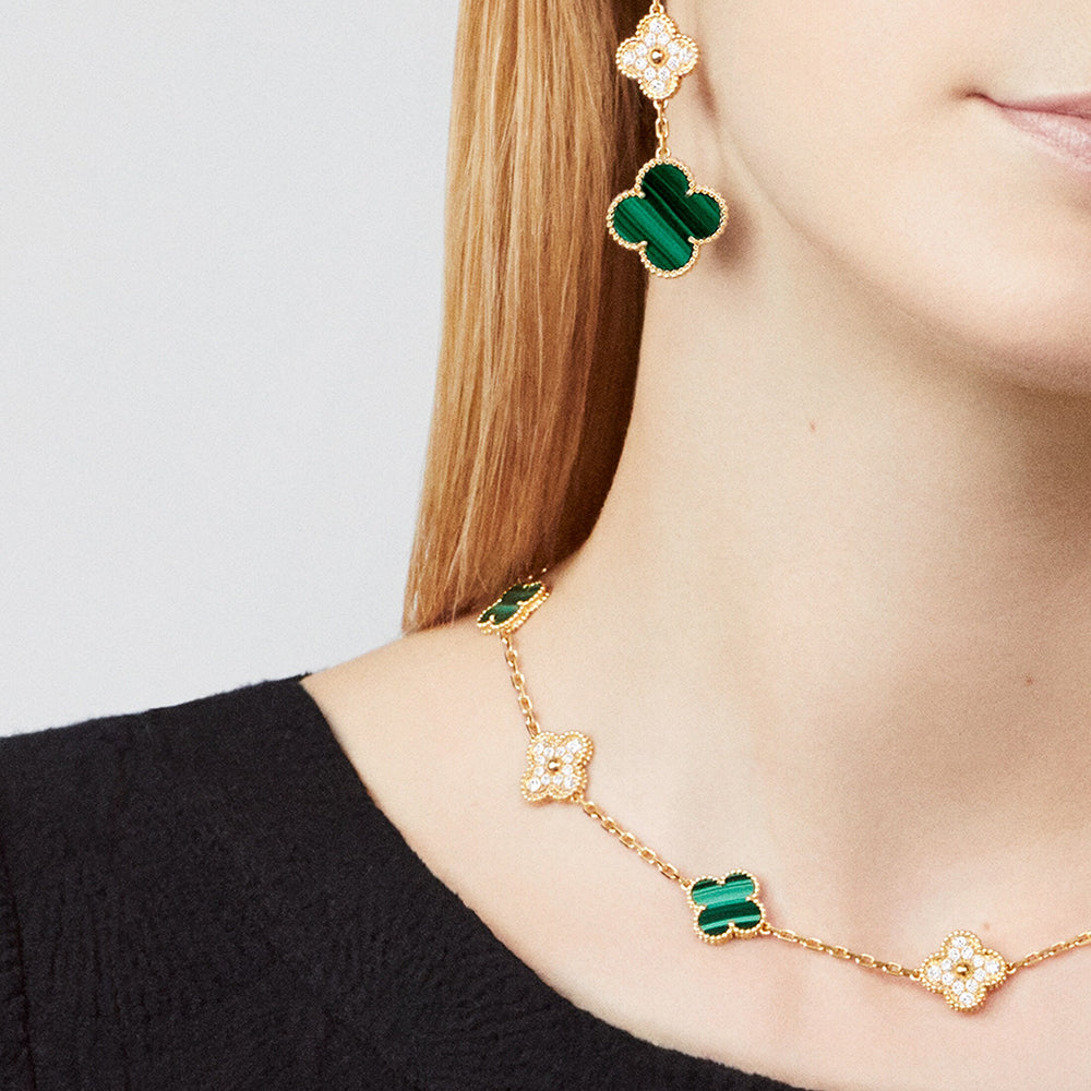 [Royal Fine ]CLOVER 10 MOTIFS MALACHITE DIAMOND NECKLACE