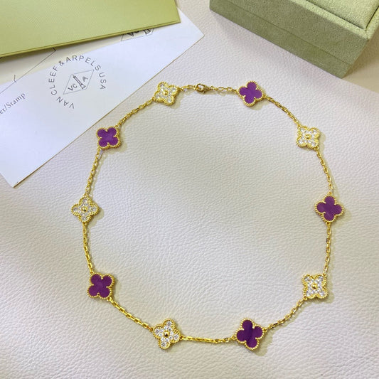 [Royal Fine ]CLOVER 10 MOTIFS  PURPLE VIOLET DIAMOND NECKLACE