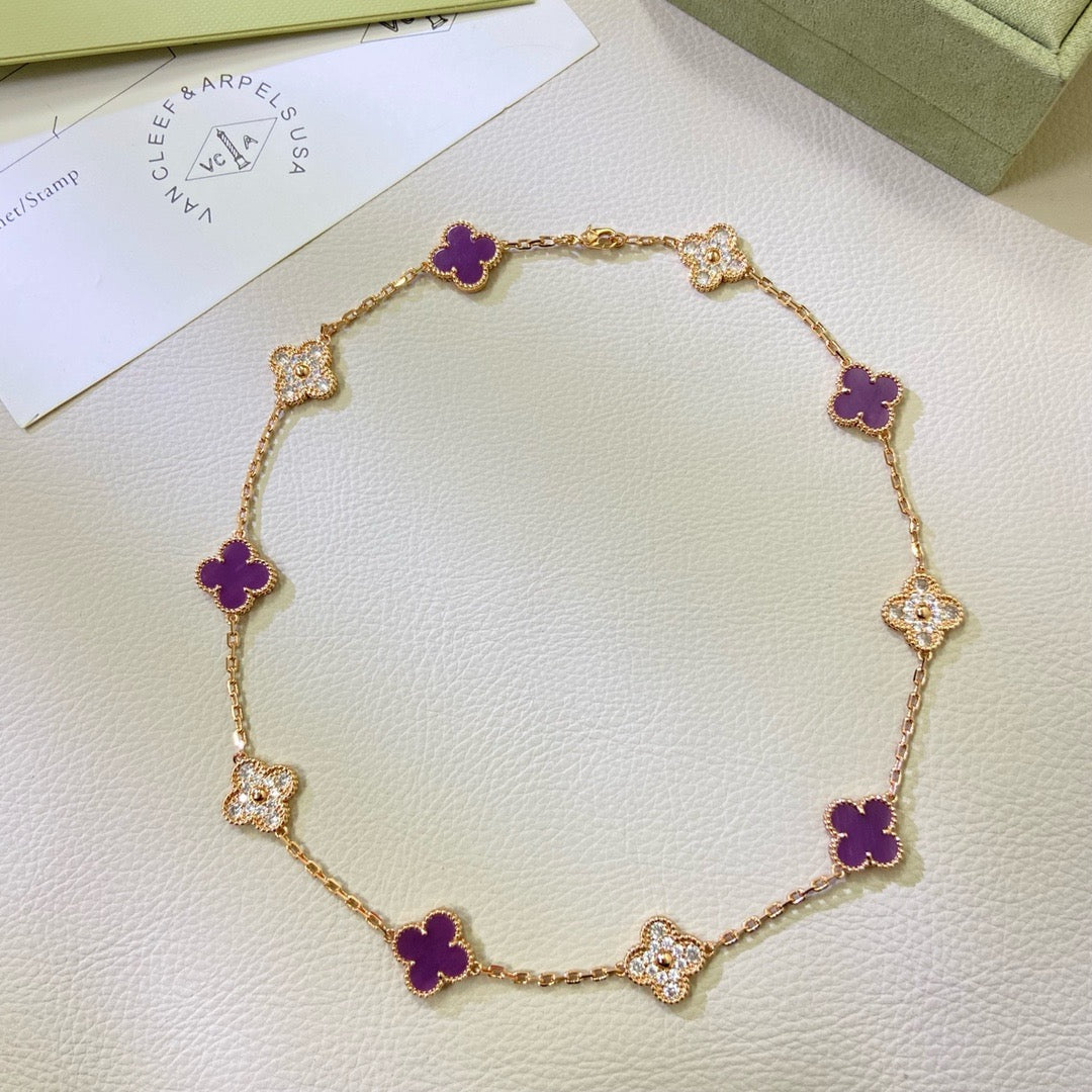 [Royal Fine ]CLOVER 10 MOTIFS  PURPLE VIOLET DIAMOND NECKLACE