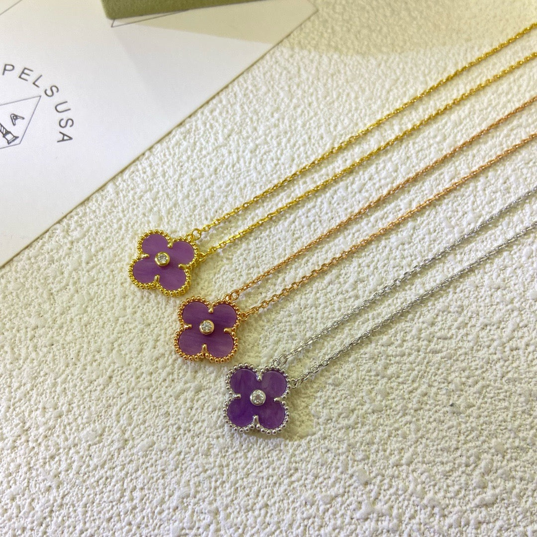 [Royal Fine ]CLOVER 15MM DIAMOND  PURPLE VIOLET NECKLACE
