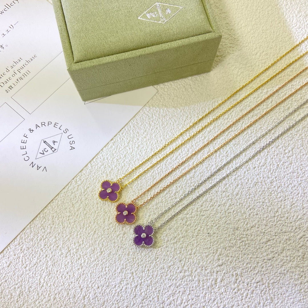 [Royal Fine ]CLOVER 15MM DIAMOND  PURPLE VIOLET NECKLACE