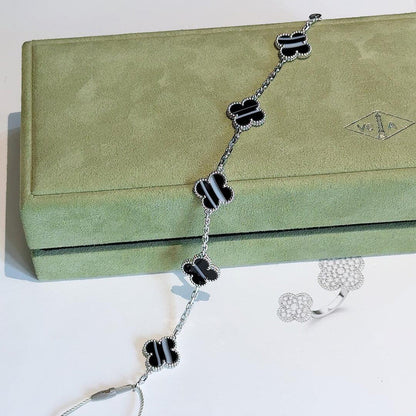 [Royal Fine ]CLOVER 5 MOTIF VEINED ONYX BRACELET SILVER