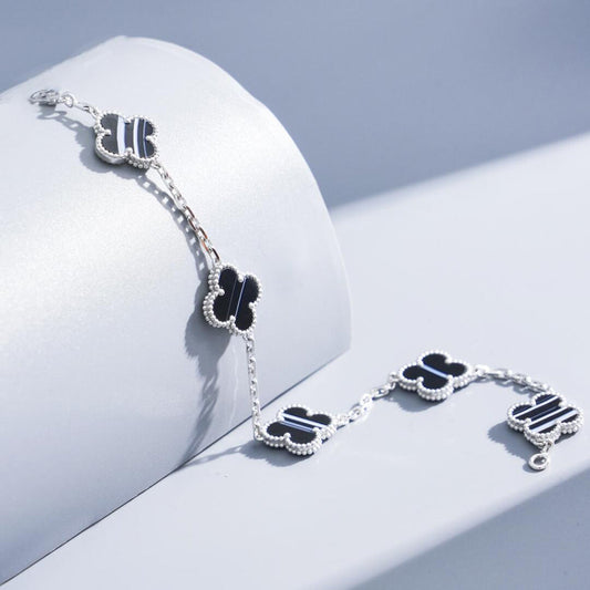 [Royal Fine ]CLOVER 5 MOTIF VEINED ONYX BRACELET SILVER