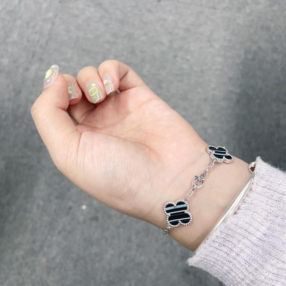 [Royal Fine ]CLOVER 5 MOTIF VEINED ONYX BRACELET SILVER