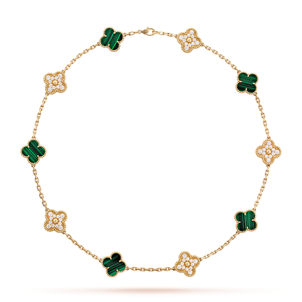 [Royal Fine ]CLOVER 10 MOTIFS MALACHITE DIAMOND NECKLACE
