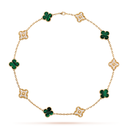 [Royal Fine ]CLOVER 10 MOTIFS MALACHITE DIAMOND NECKLACE