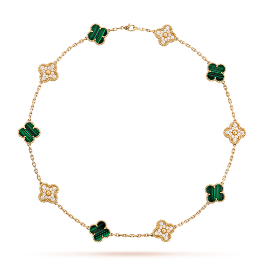 [Royal Fine ]CLOVER 10 MOTIFS MALACHITE DIAMOND NECKLACE